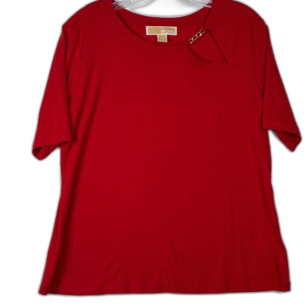 Michael Kors Top L Red Cutout Chain Neck Short Sleeve Chic Minimalist Festive - Picture 2 of 11